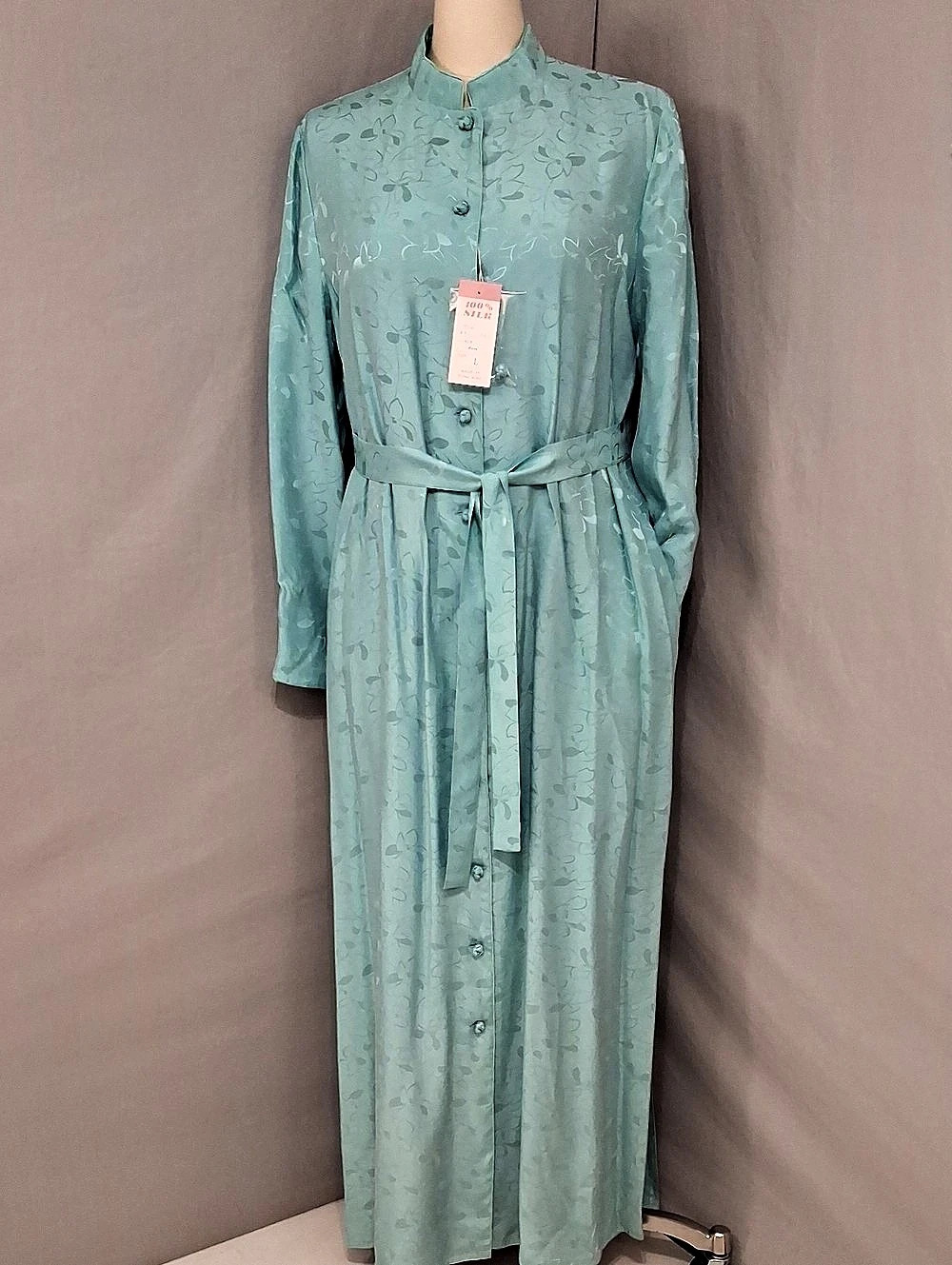 GUMP'S Silk Duster Maxi Dress Belted Lounge Robe Aqua Floral NWT Lavender Lined